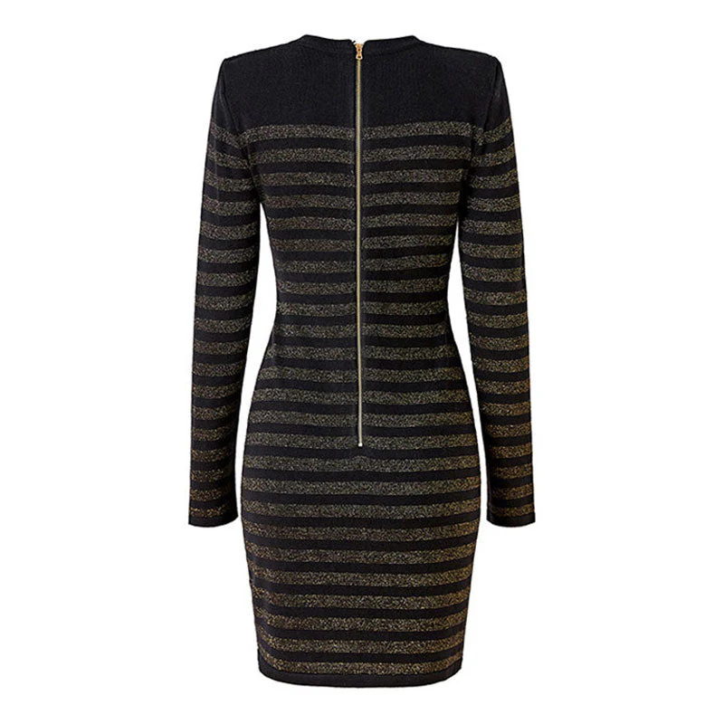 Metallic Striped Button Detail Long Sleeve Bandage Knit Bodycon Mini Party Dress - Image 2