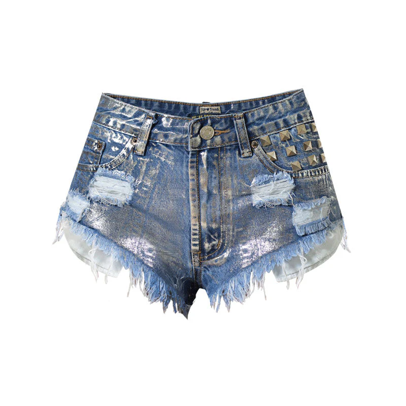 Metallic Stud Trim High Waist Distressed Denim Shorts - Blue - Image 2