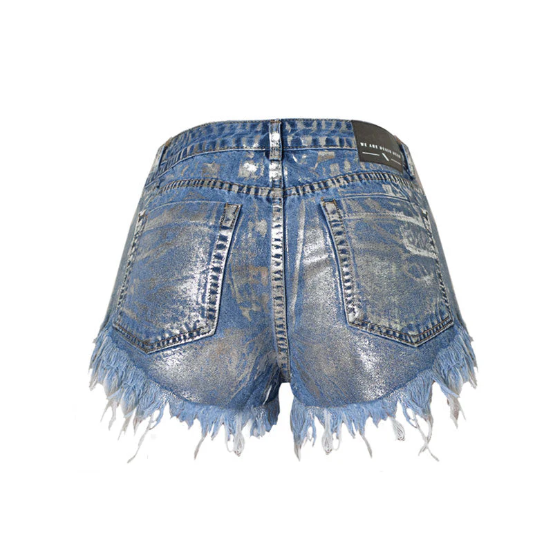 Metallic Stud Trim High Waist Distressed Denim Shorts - Blue - Image 4