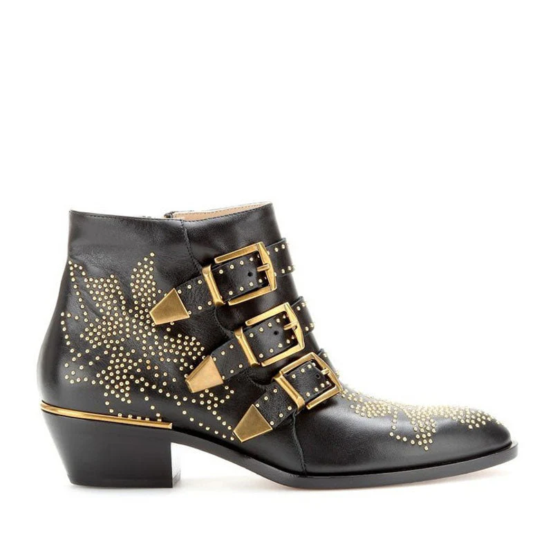 Metallic Studded Buckle Strappy Pointed Toe Ankle Boots - Black - Image 2