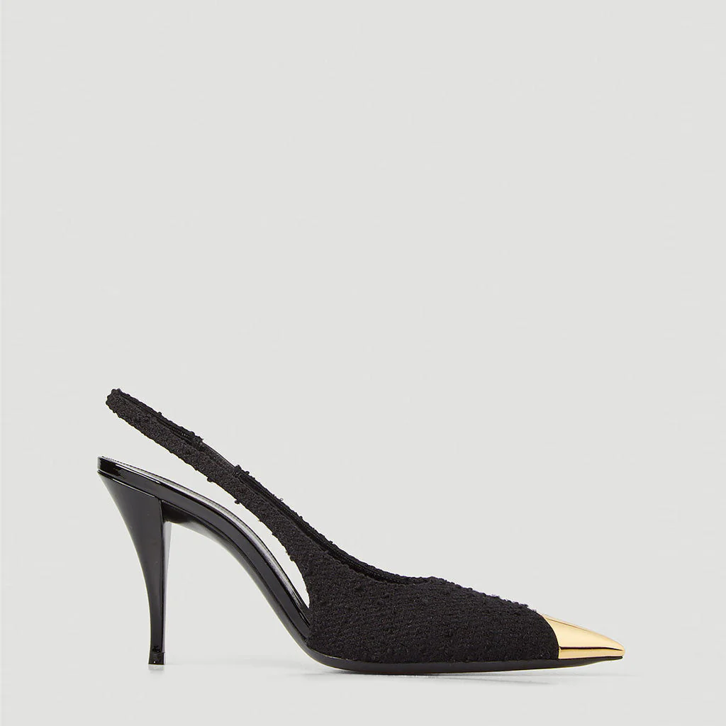Metallic Toe Cap Pointed Toe Stiletto Tweed SlingBack Pumps - Black - Image 2