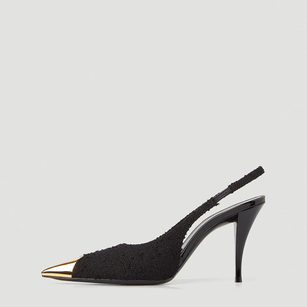 Metallic Toe Cap Pointed Toe Stiletto Tweed SlingBack Pumps - Black - Image 3