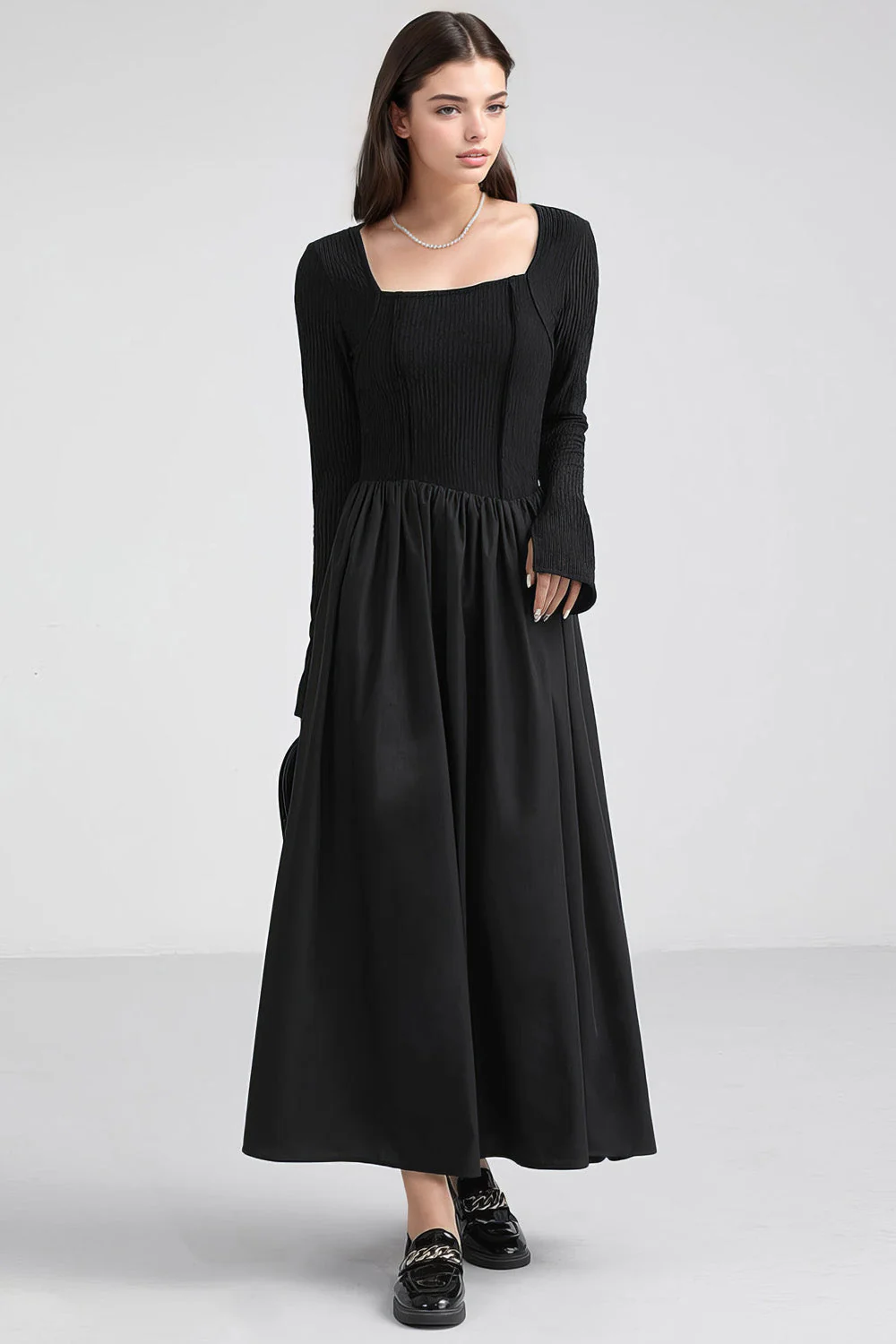 Midi Dress with Long Sleeves - Black - Image 2