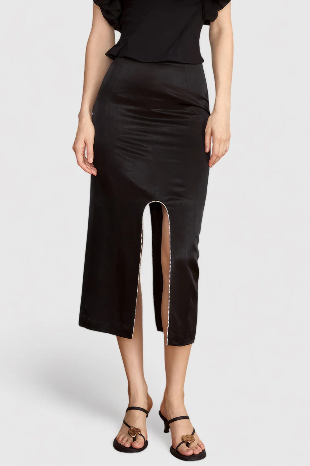 Midi Skirt with Rounded Slit - Black - Image 4