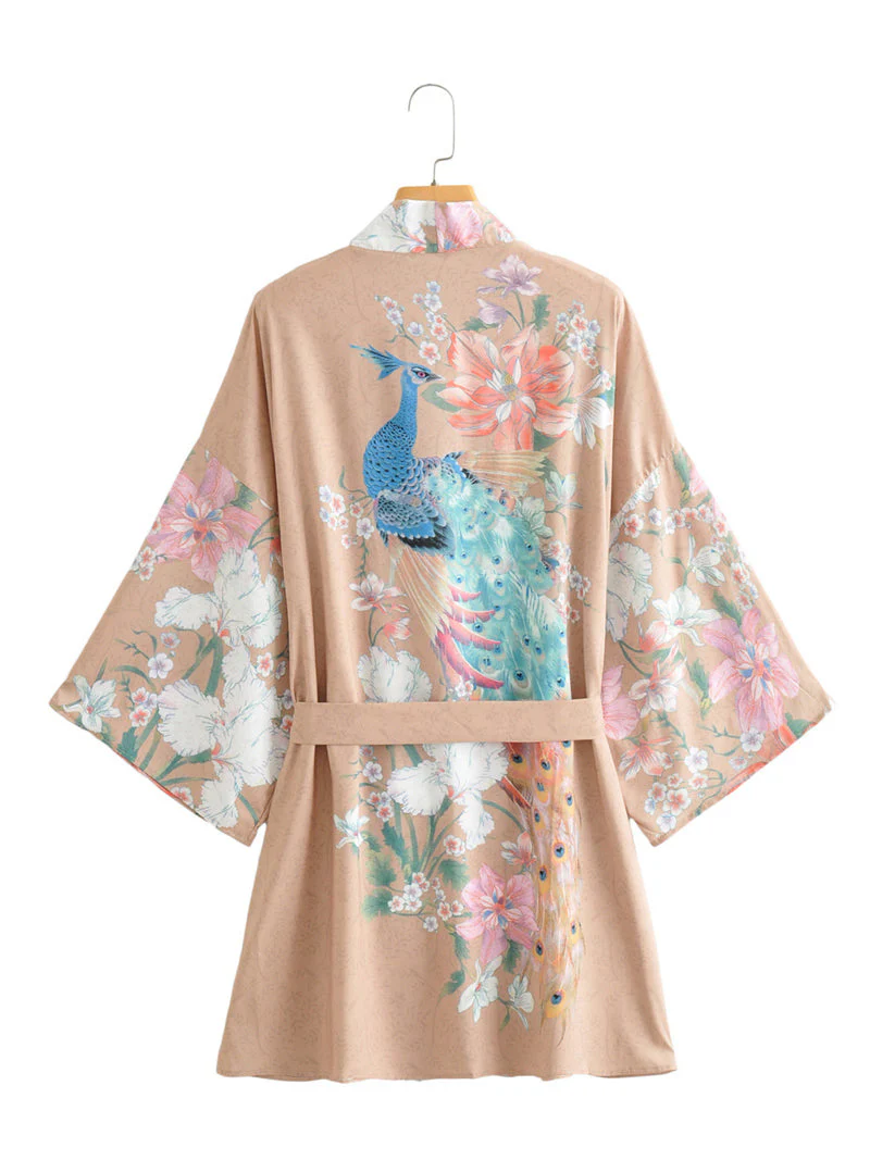 Short Length Floral + Peacock Print Khaki Color Polyester Gown Kimono Duster Robe - Image 2