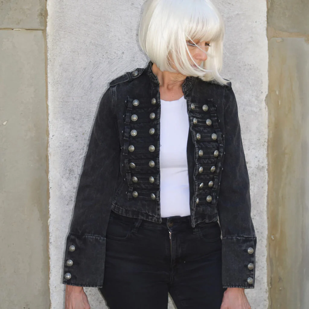 Military Metal Hardware Stand Collar Long Sleeve Open Front Crop Denim Jacket - Image 4