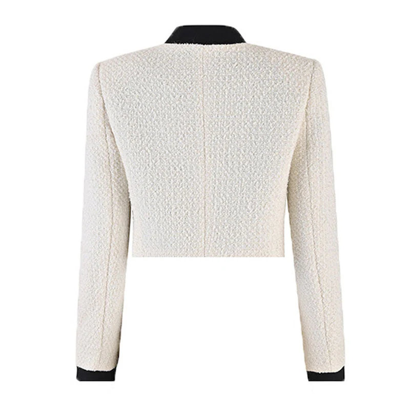 Military Mock Neck Beaded Metallic Trim Button Up Cropped Tweed Jacket - Image 2