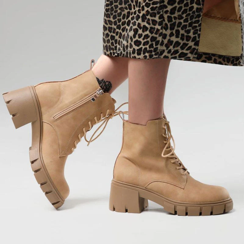 Military Round Toe Block Heel Lug Sole Lace Up Combat Boots - Apricot - Image 2
