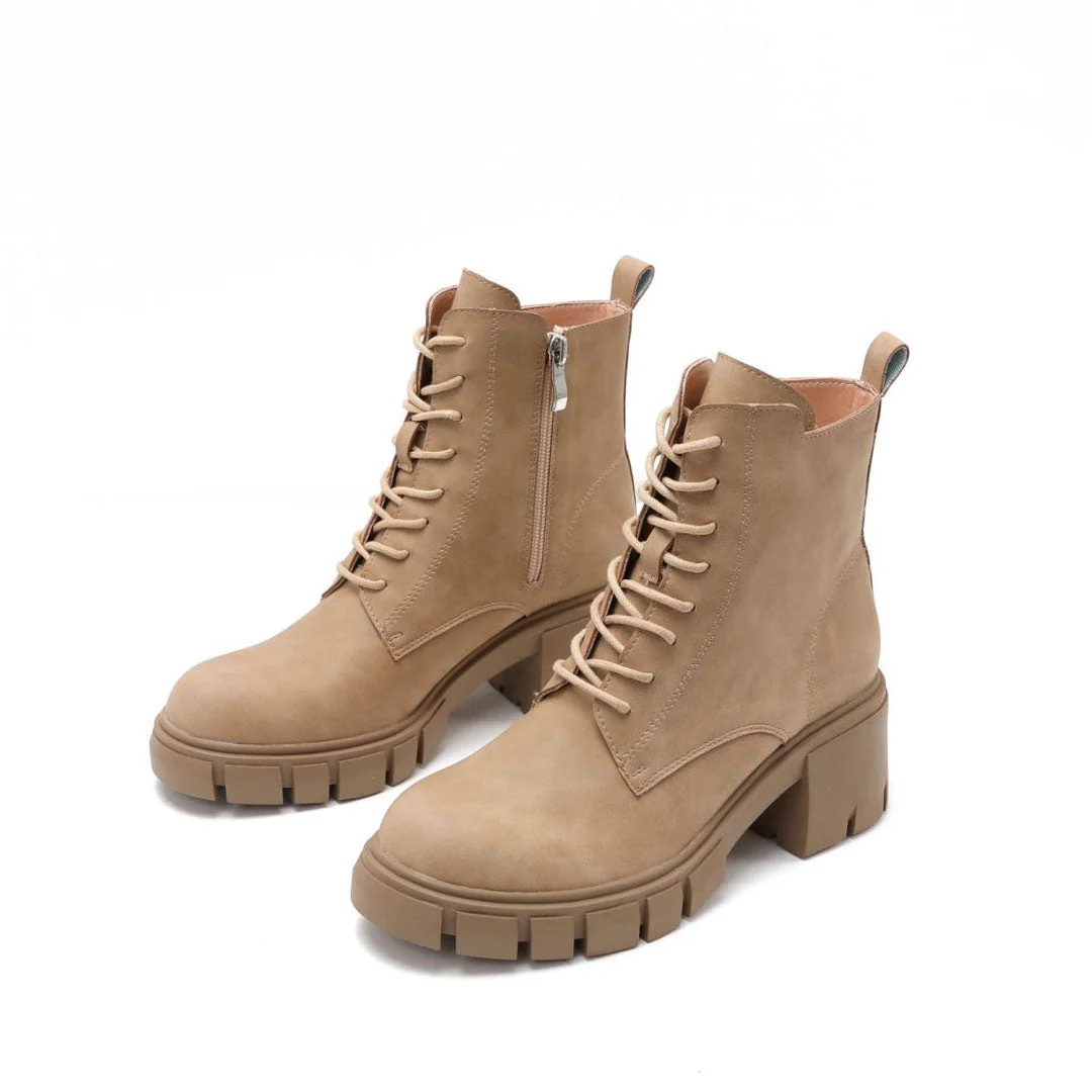 Military Round Toe Block Heel Lug Sole Lace Up Combat Boots - Apricot - Image 6