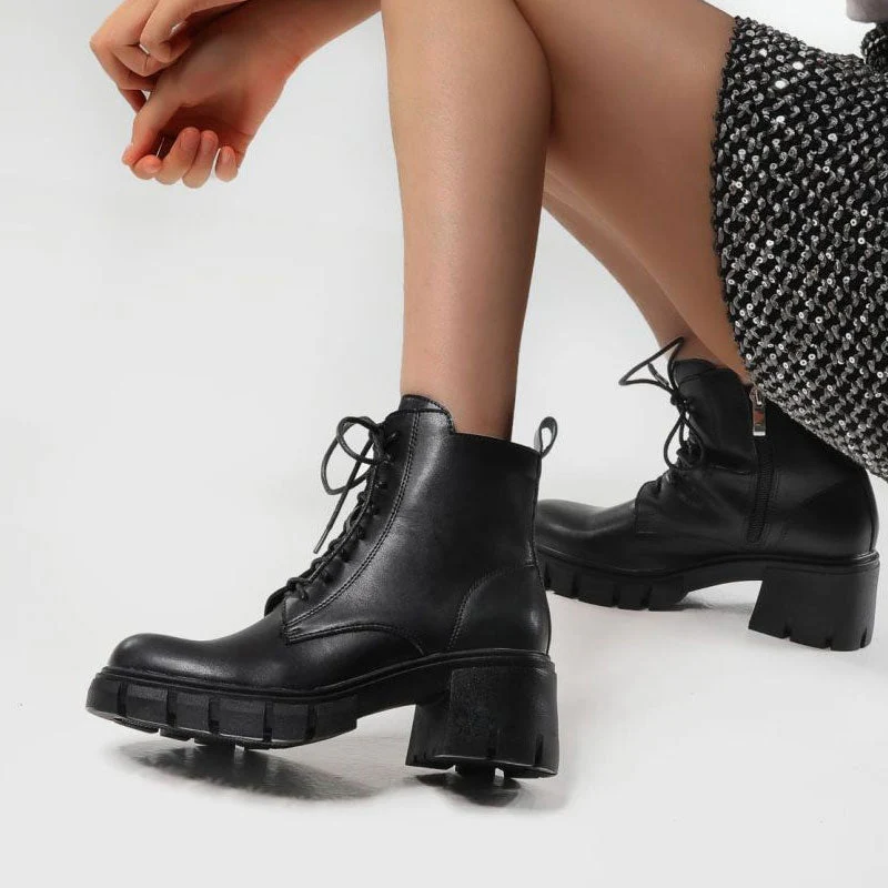 Military Round Toe Block Heel Lug Sole Lace Up Combat Boots - Black - Image 2