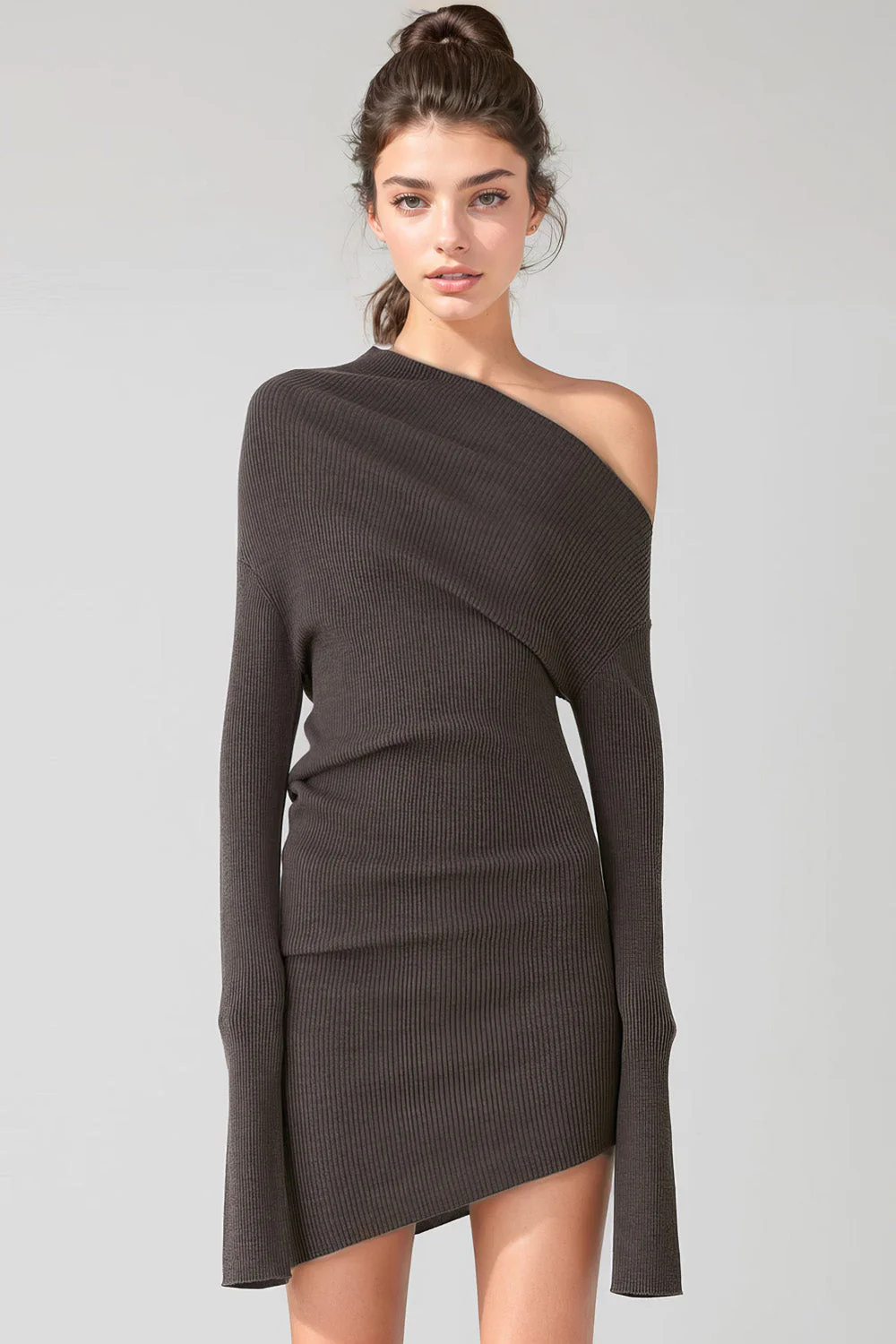 Mini Dress with Extra Long Sleeves - Brown - Image 2