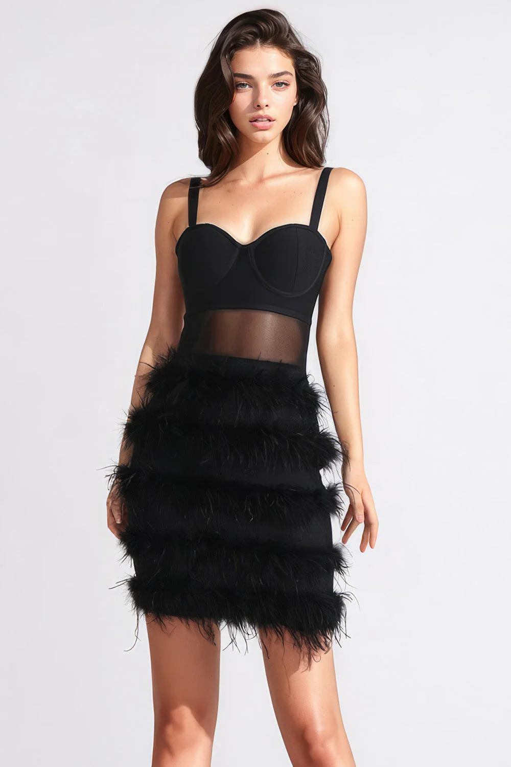 Mini Dress with Mesh and Feathers - Black - Image 2
