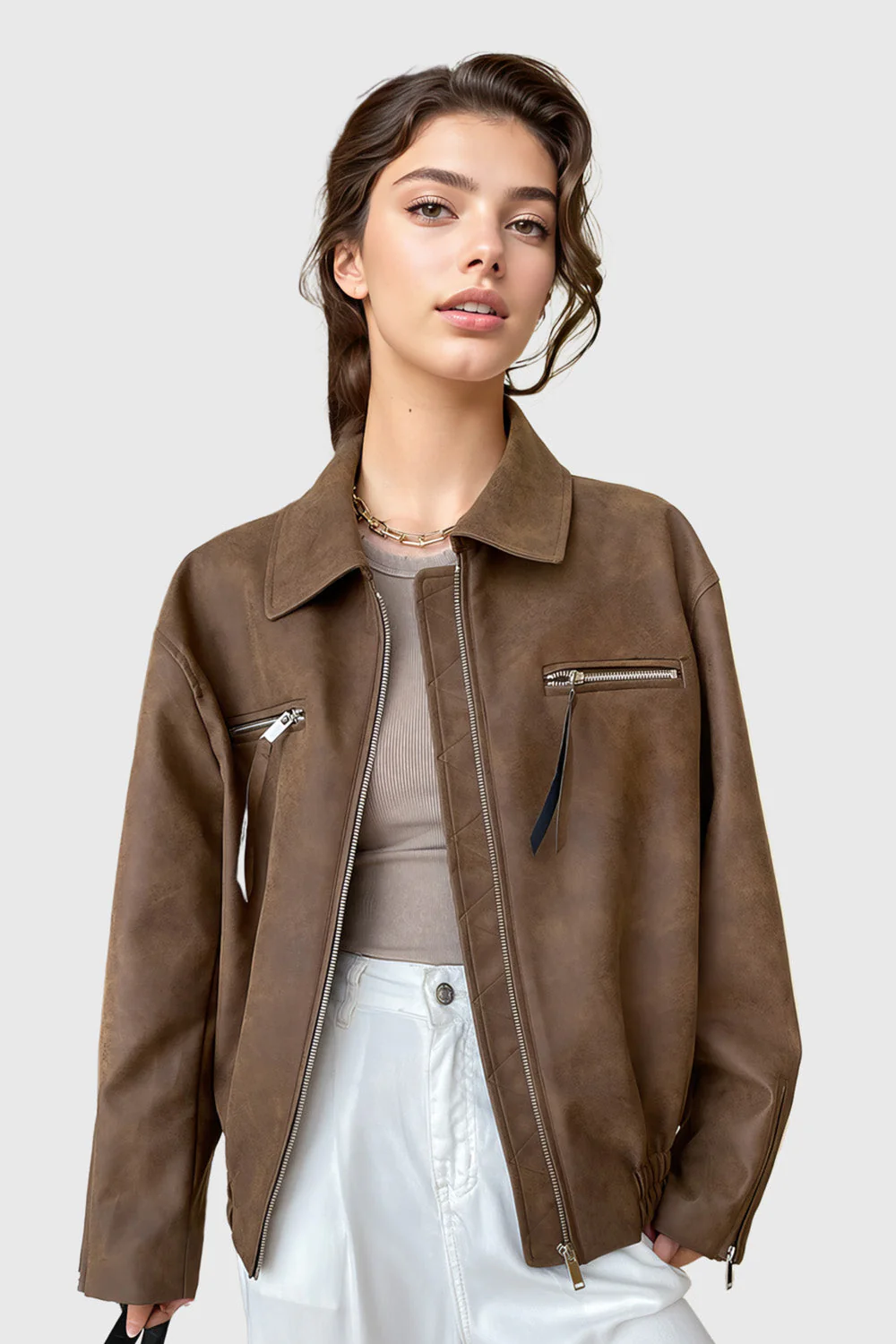 Minimal Leather Jacket with Zipper - Brown - Image 2