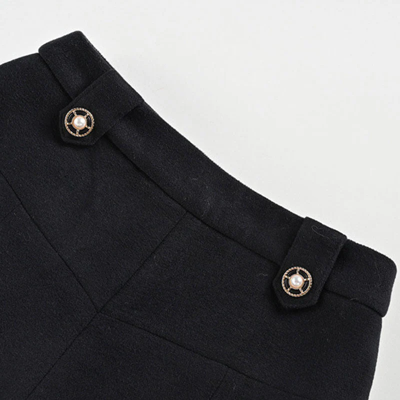 Minimalist Beaded Button Embellished High Waist Wool Blend Shorts - Image 3
