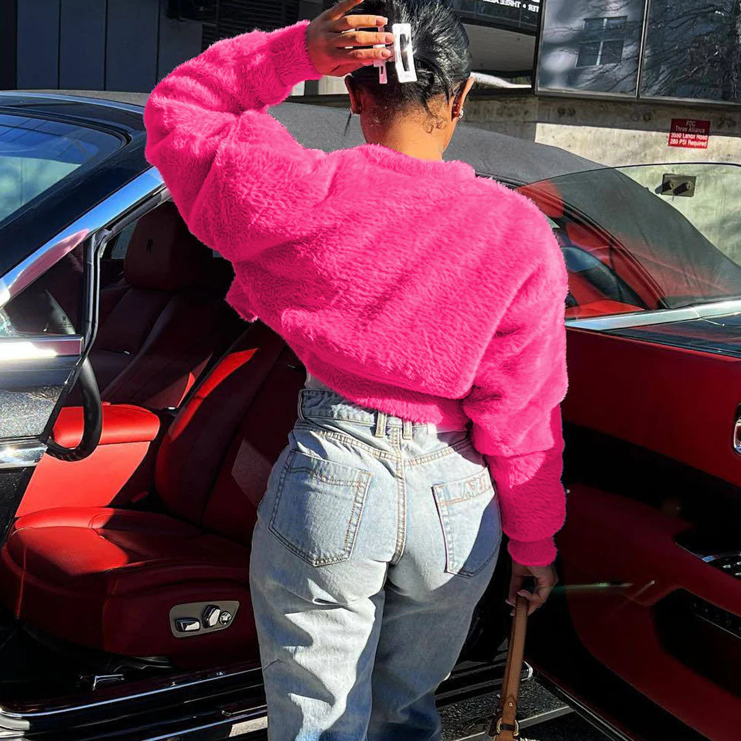 Minimalist Button Up Drop Shoulder Long Sleeve Cropped Faux Fur Coat - Hot Pink - Image 4