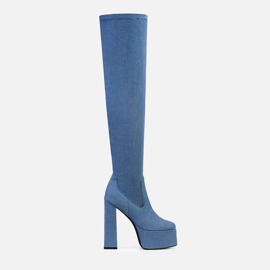 Minimalist Denim High Heel Platform Over Knee Boots - Jean Blue - Image 2