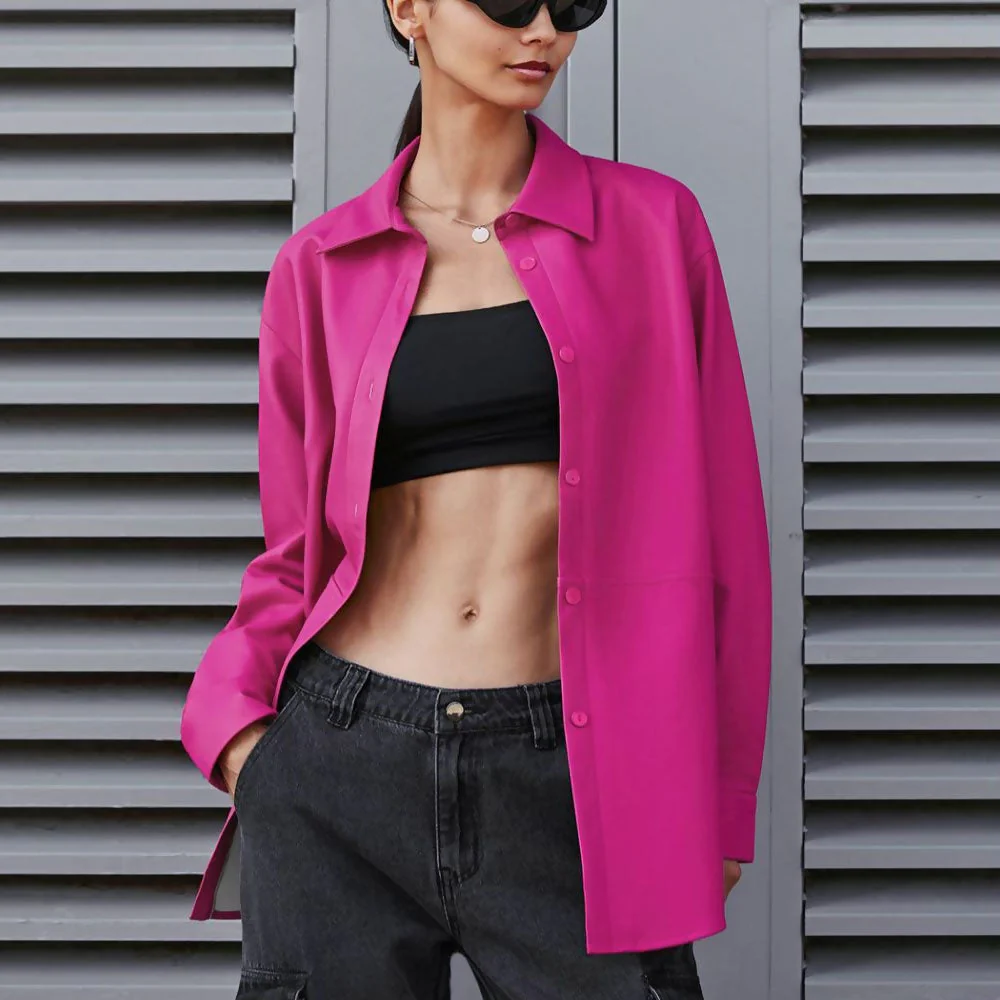 Minimalist Faux Leather Button Up Long Sleeve Pointed Collar Shirt - Hot Pink - Image 3