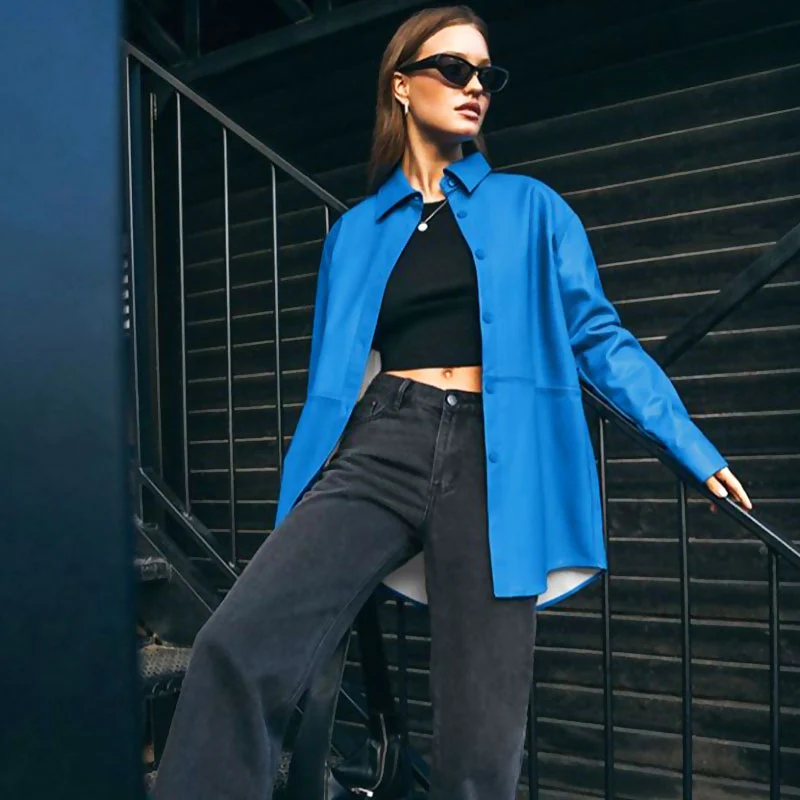 Minimalist Faux Leather Button Up Long Sleeve Pointed Collar Shirt - Royal Blue - Image 2