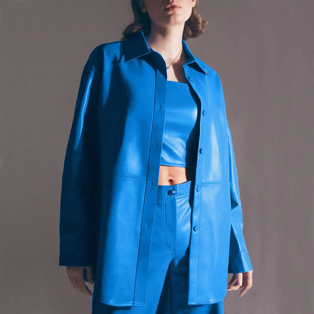 Minimalist Faux Leather Button Up Long Sleeve Pointed Collar Shirt - Royal Blue - Image 3