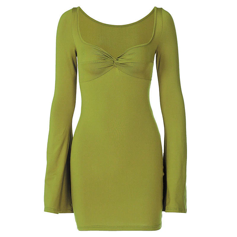 Minimalist Ruched Twist Trim Long Sleeve Bodycon Mini Dress - Green - Image 2