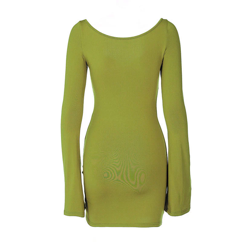 Minimalist Ruched Twist Trim Long Sleeve Bodycon Mini Dress - Green - Image 3