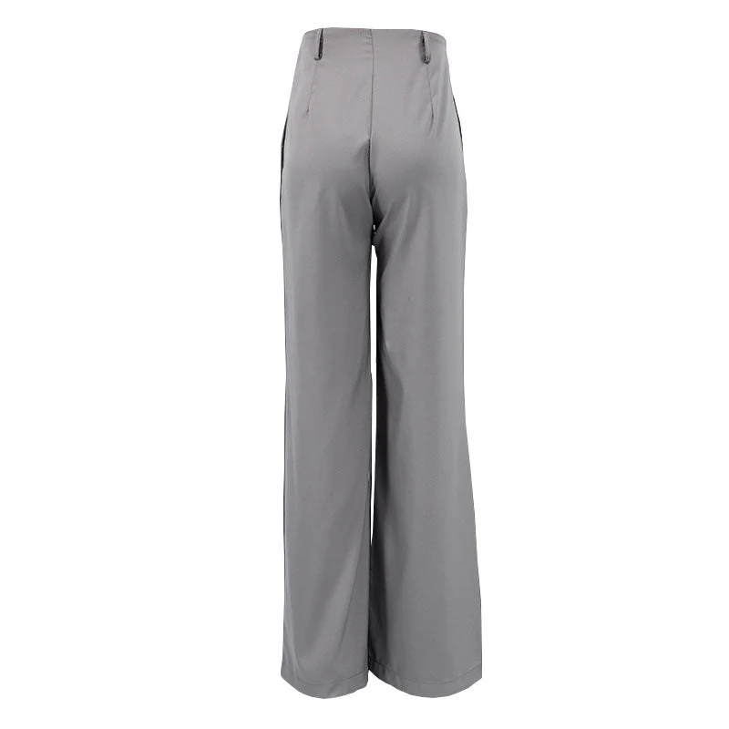 Minimalist Solid Color High Waist Pleat Trim Side Pocket Wide Leg Pants - Gray - Image 4