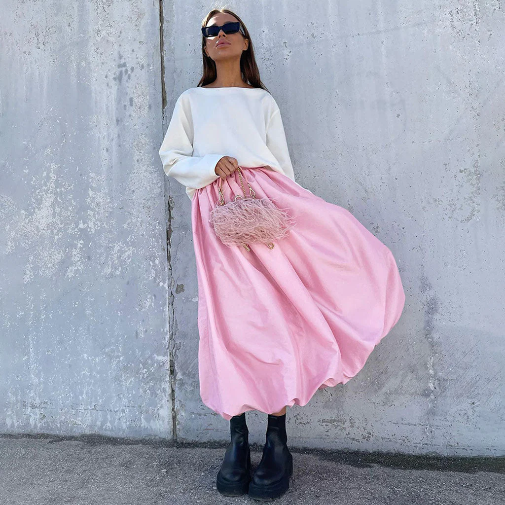 Minimalist Solid Color High Waist Silk Like Satin Midi Balloon Skirt - Image 5