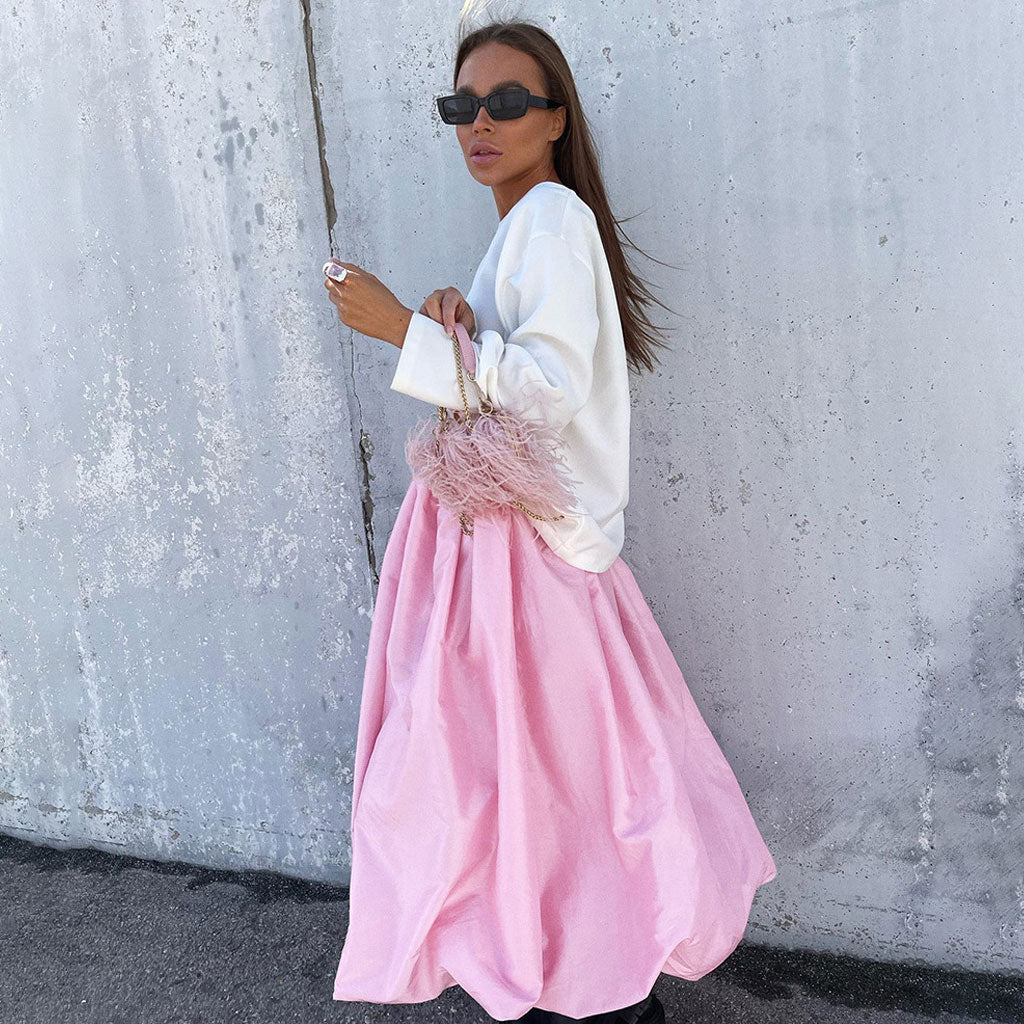 Minimalist Solid Color High Waist Silk Like Satin Midi Balloon Skirt - Image 6