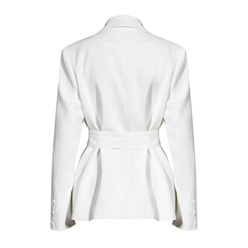 Minimalist Solid Color Shawl Collar Shoulder Pad Long Sleeve Belted Blazer - Image 2