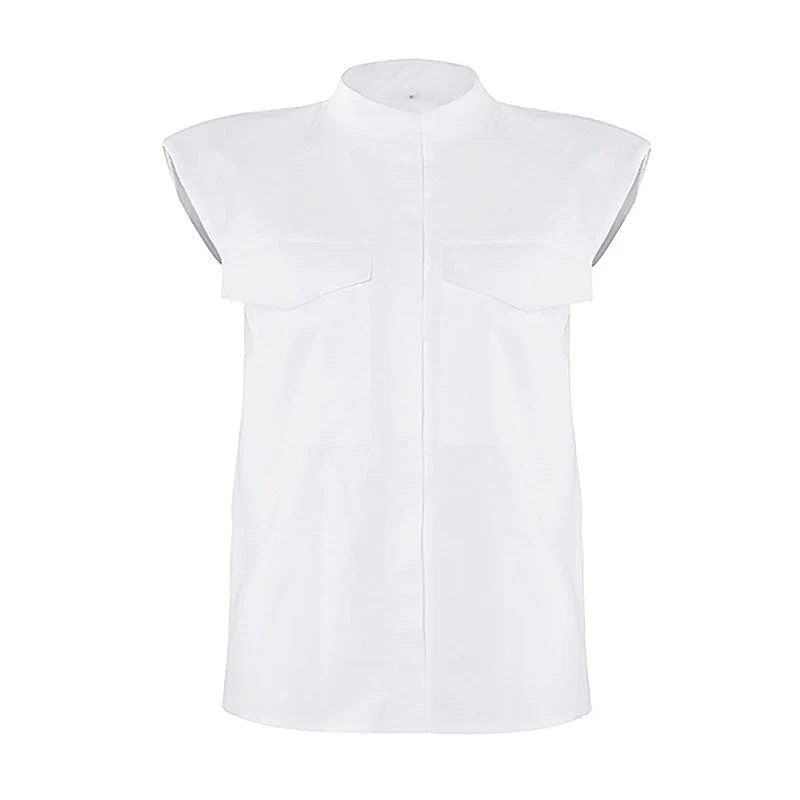 Minimalist Solid Color Shoulder Pad Mock Neck Button Up Sleeveless Shirt - Image 4