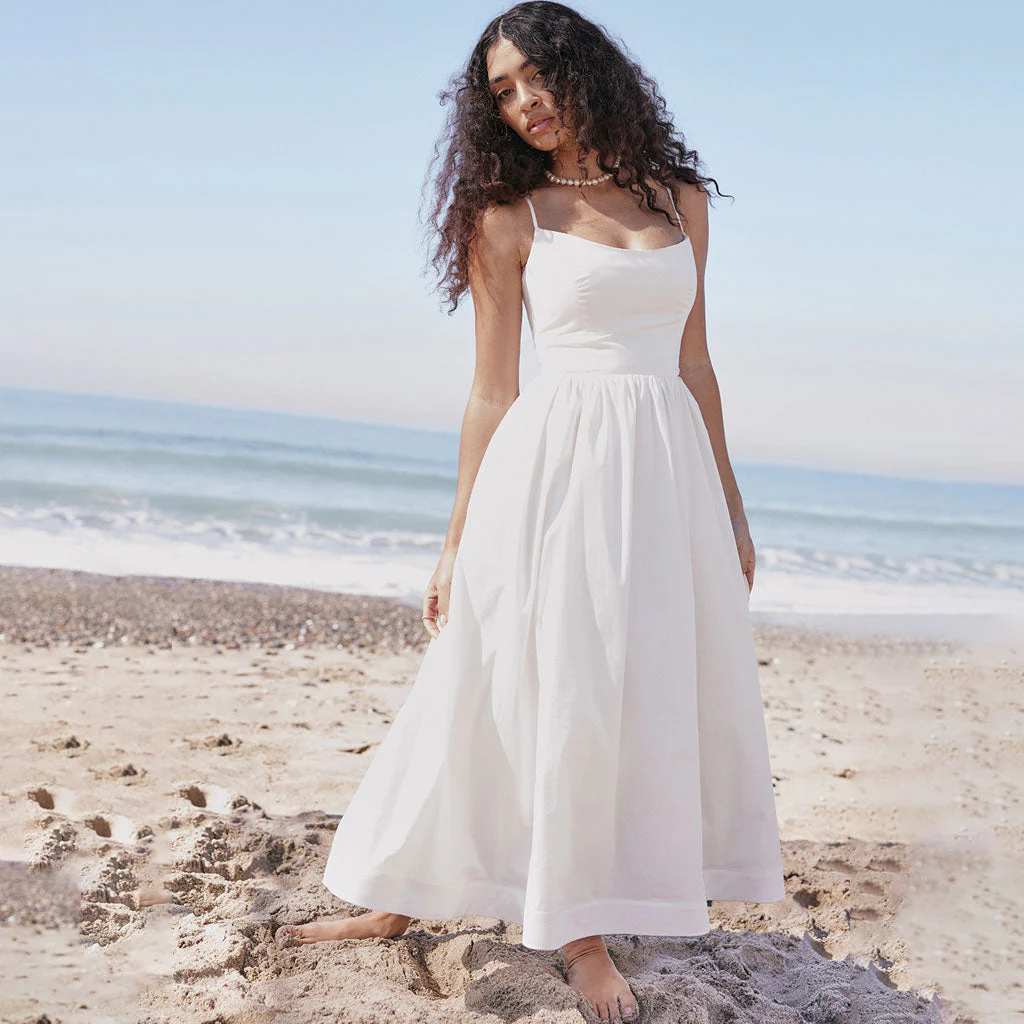 Minimalist Solid Color Spaghetti Strap Pleated Fit and Flare Midi SunDress - Image 2