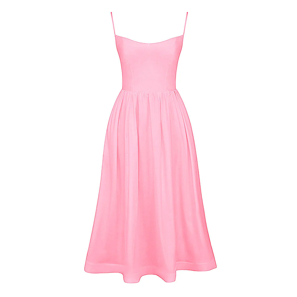 Minimalist Solid Color Spaghetti Strap Pleated Fit and Flare Midi SunDress - Image 3