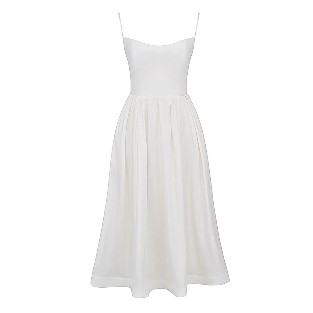 Minimalist Solid Color Spaghetti Strap Pleated Fit and Flare Midi SunDress - Image 4
