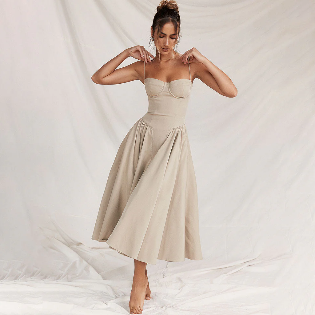Minimalist Solid Sweetheart Neck Drop Waist Fit and Flare Midi Cami SunDress - Image 2