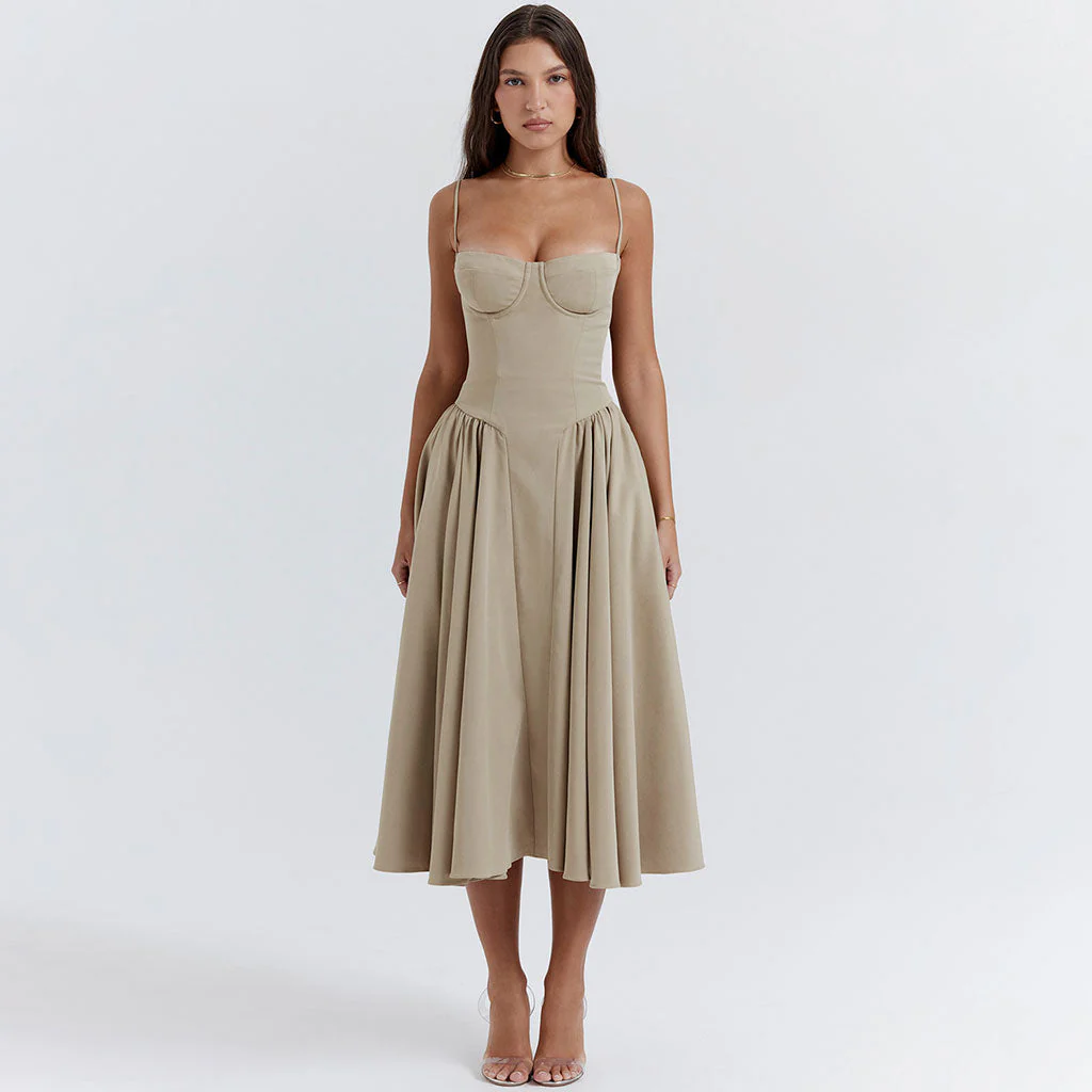 Minimalist Solid Sweetheart Neck Drop Waist Fit and Flare Midi Cami SunDress - Image 3