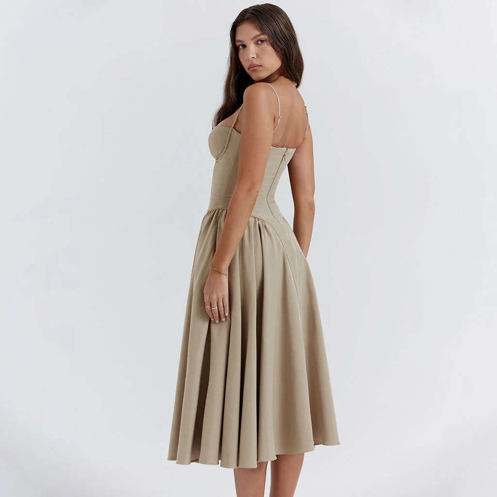 Minimalist Solid Sweetheart Neck Drop Waist Fit and Flare Midi Cami SunDress - Image 4