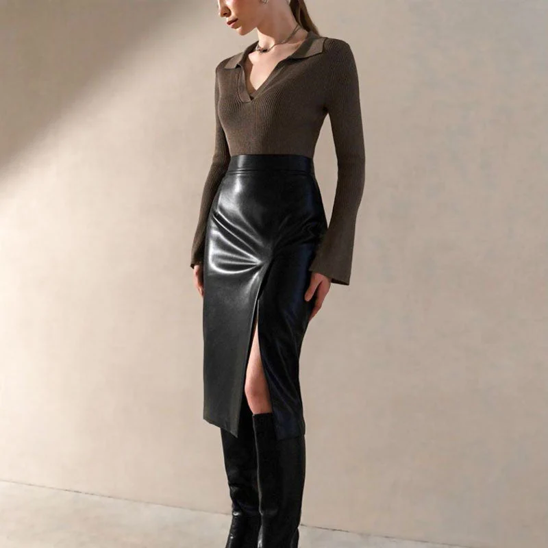 Minimalist Style High Waist Split Trim Vegan Leather Midi Skirt - Black - Image 3
