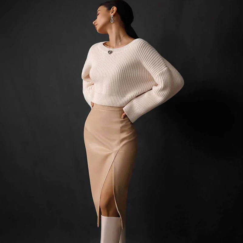 Minimalist Style High Waist Split Trim Vegan Leather Midi Skirt - Khaki - Image 2