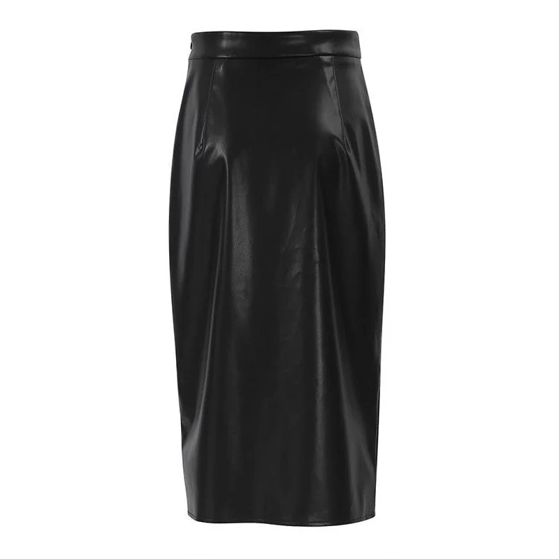 Minimalist Style High Waist Split Trim Vegan Leather Midi Skirt - Khaki - Image 4