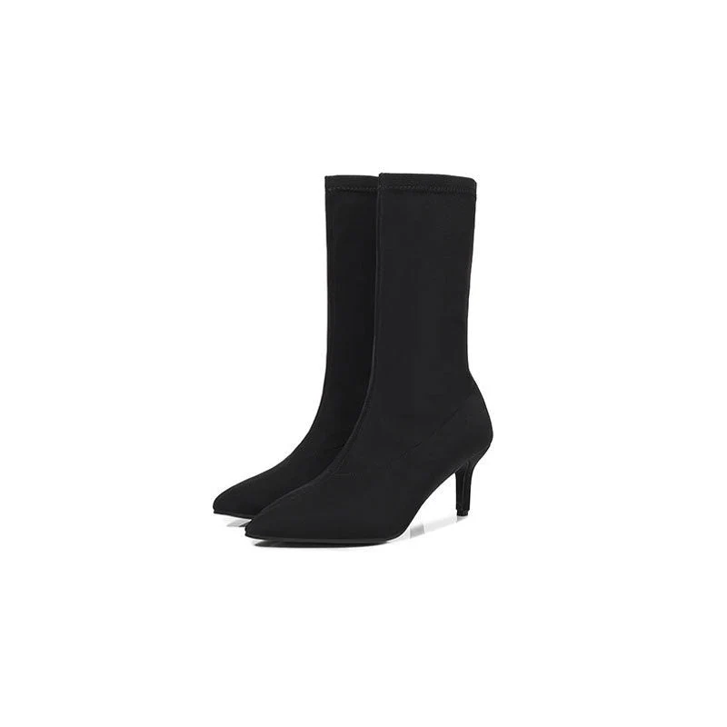 Minimalist Style Pointed Toe High Heel Sock Ankle Boots - Black - Image 2