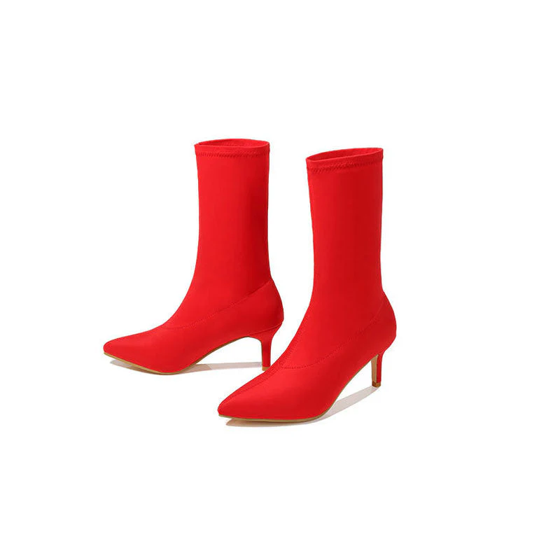 Minimalist Style Pointed Toe High Heel Sock Ankle Boots - Red - Image 2