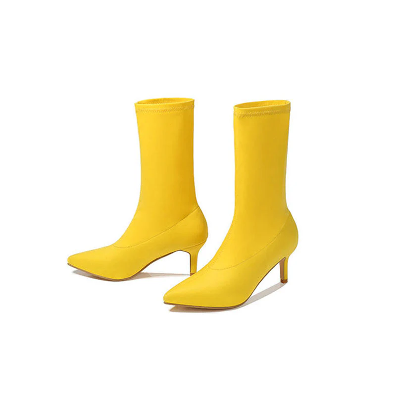 Minimalist Style Pointed Toe High Heel Sock Ankle Boots - Yellow - Image 3