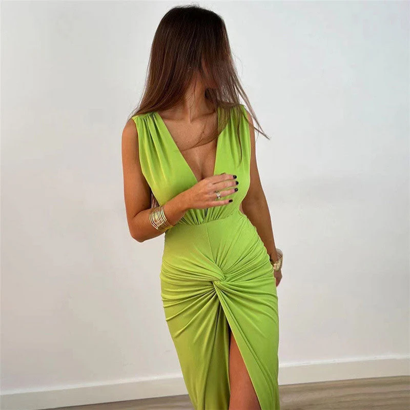 Minimalist Twist Trim Deep V Sleeveless Split Open Back Maxi Dress - Green - Image 2