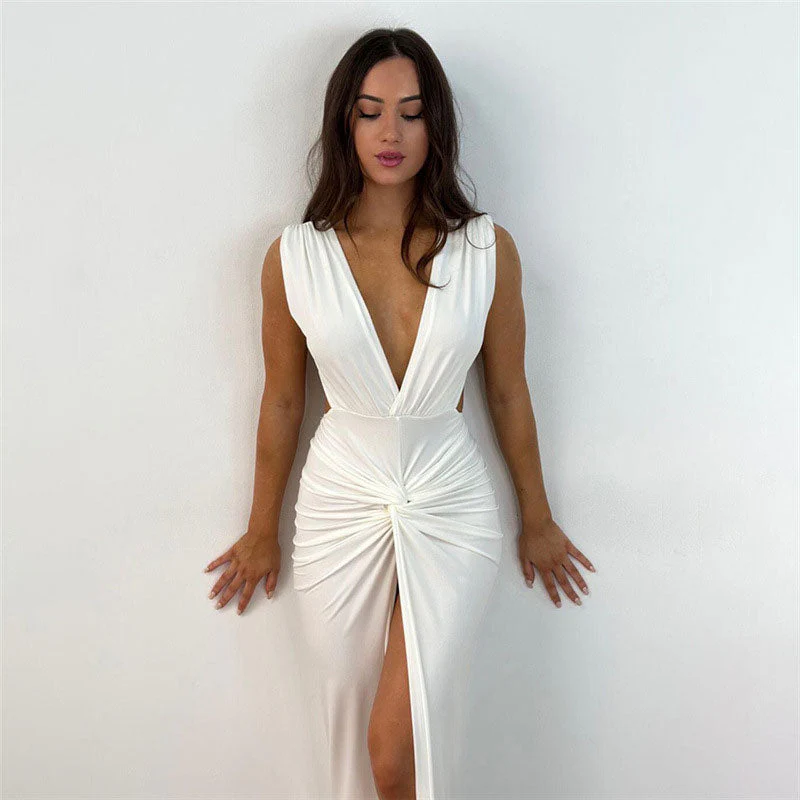 Minimalist Twist Trim Deep V Sleeveless Split Open Back Maxi Dress - White - Image 2