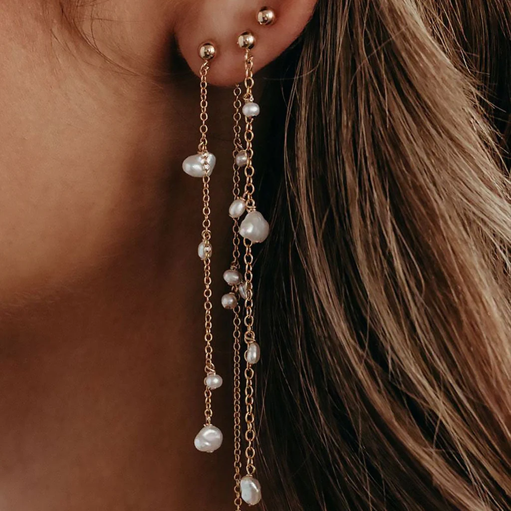 Mismatched Two Tone 18K Gold Plated Baroque Pearl Drop Linear Earrings - Image 2