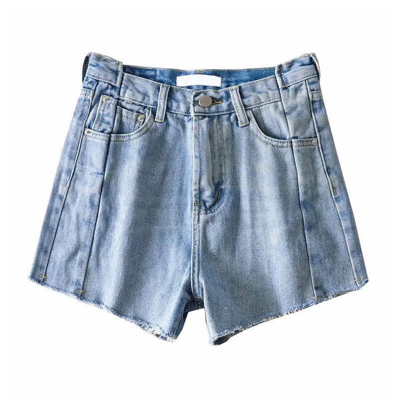 Misplaced Patchwork High Waist Frayed Denim Shorts - Light Blue - Image 3