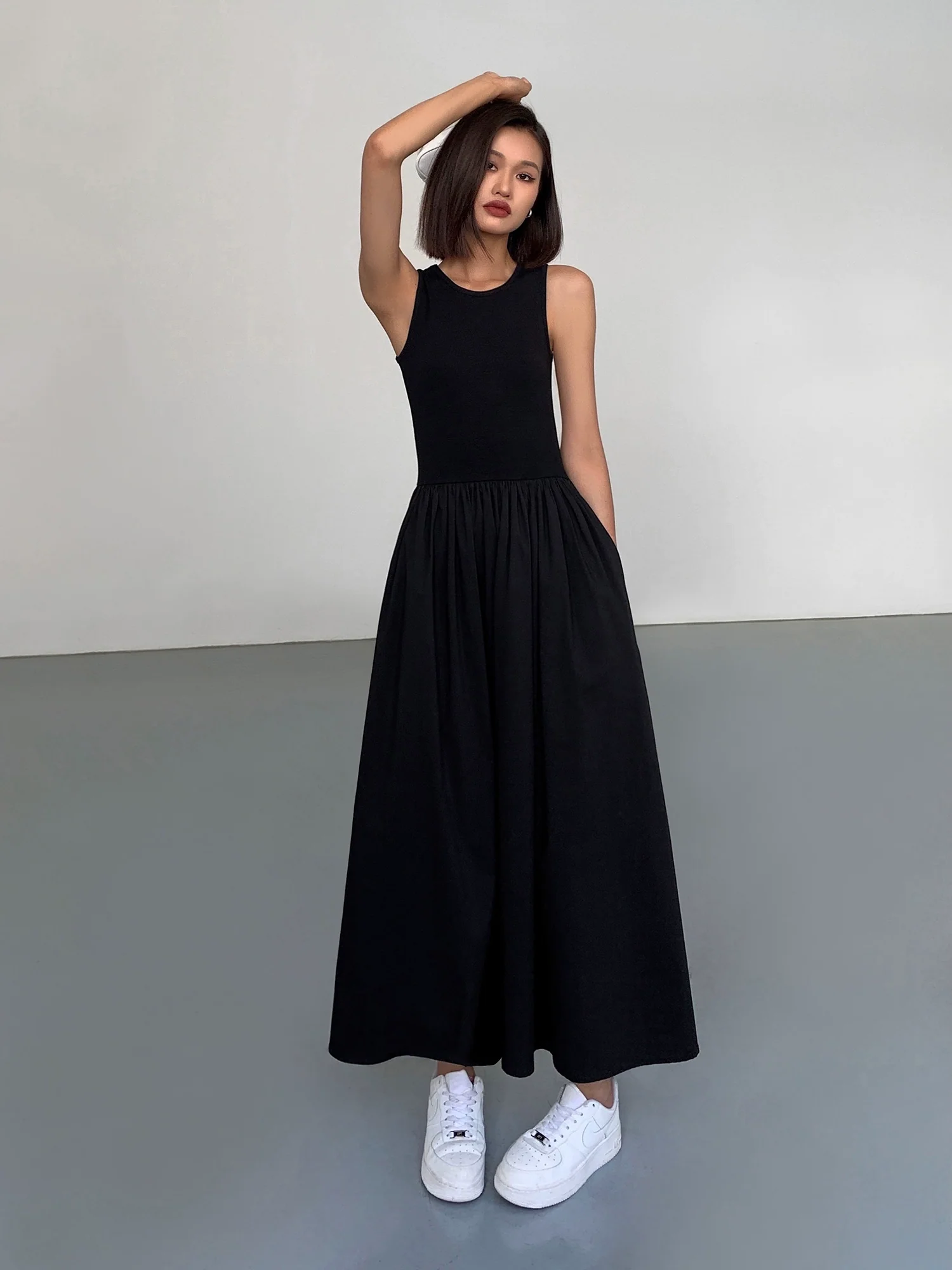 Mixed Media Long Dress(Pockets Design) - Image 2