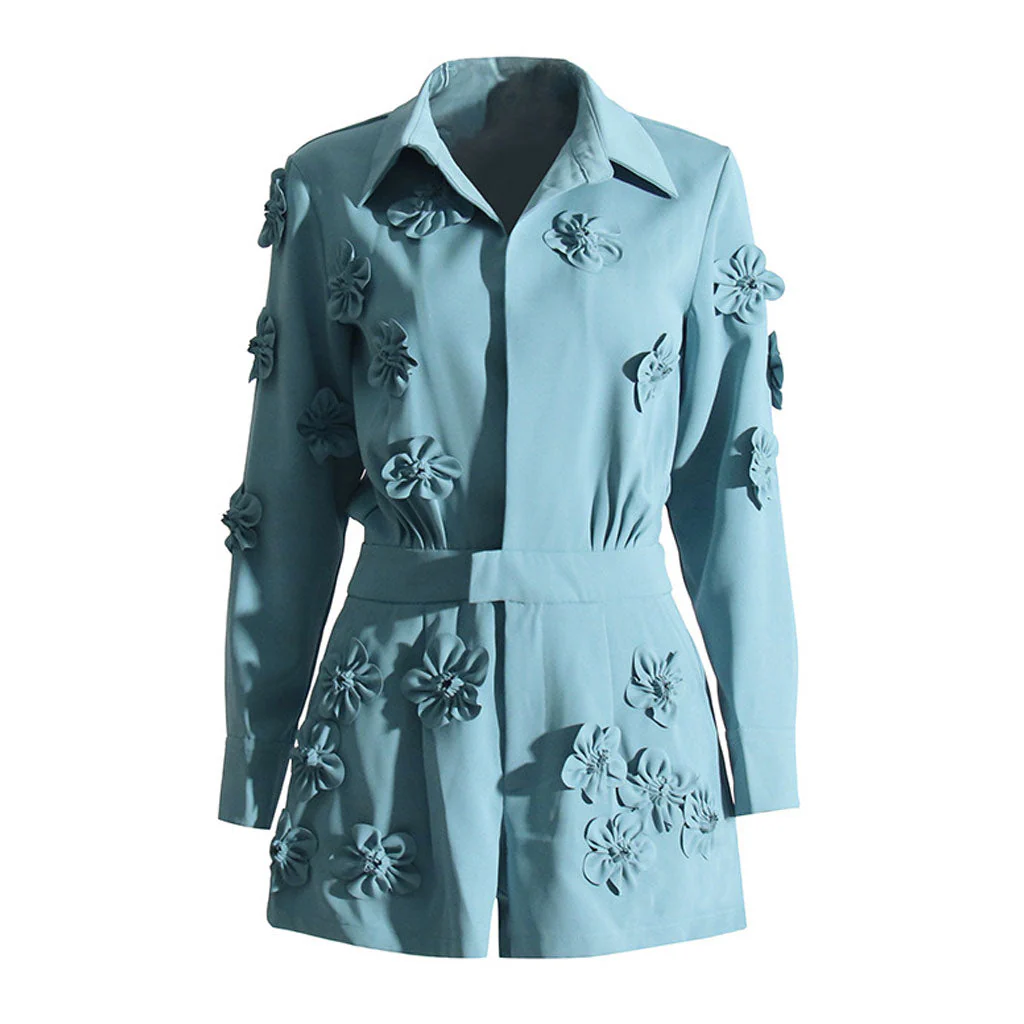 Modern 3D FLower Applique Collared Deep V Neck Long Sleeve Blazer Romper - Image 2