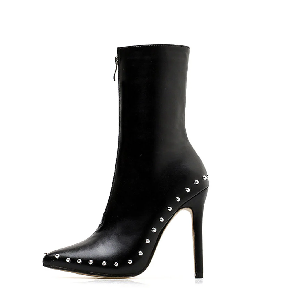 Modern Bead Trimmed Pointed Toe Zip Front Ankle Boots - Black - Image 5