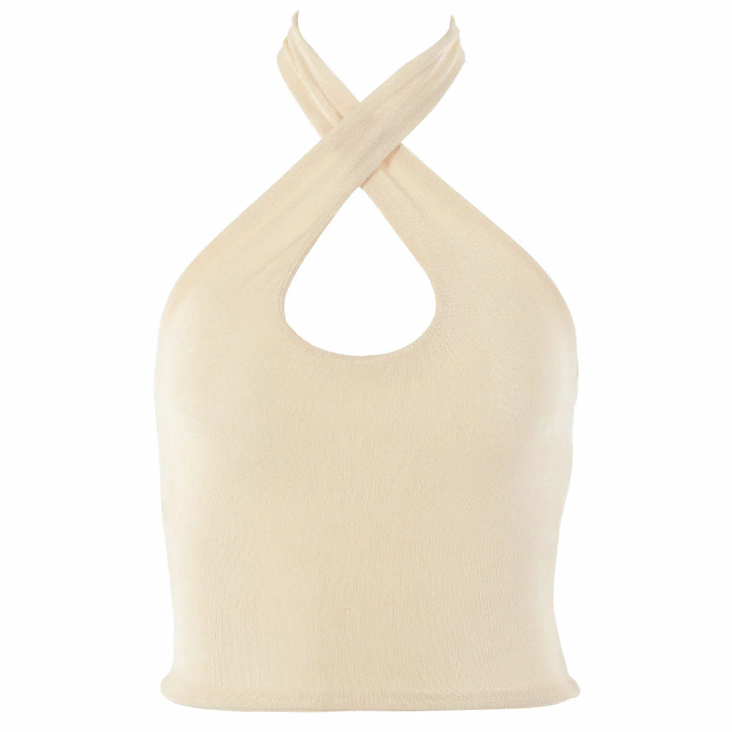 Halter Neck Cross Front Crop Tank Top - Beige - Image 3